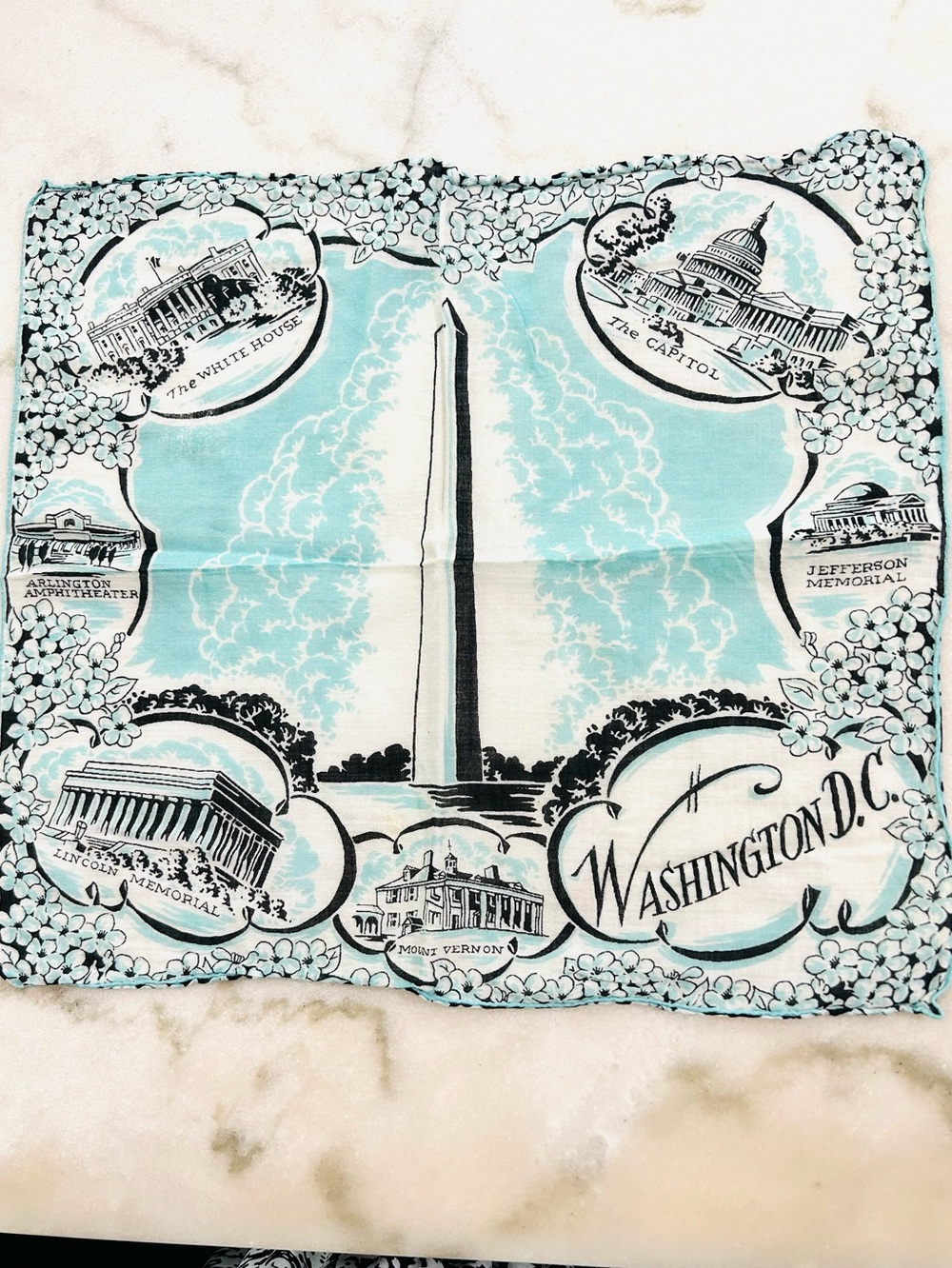 Washington D.C. Vintage Souvenir- Turquoise/Black Travel Souvenir Handkerchief